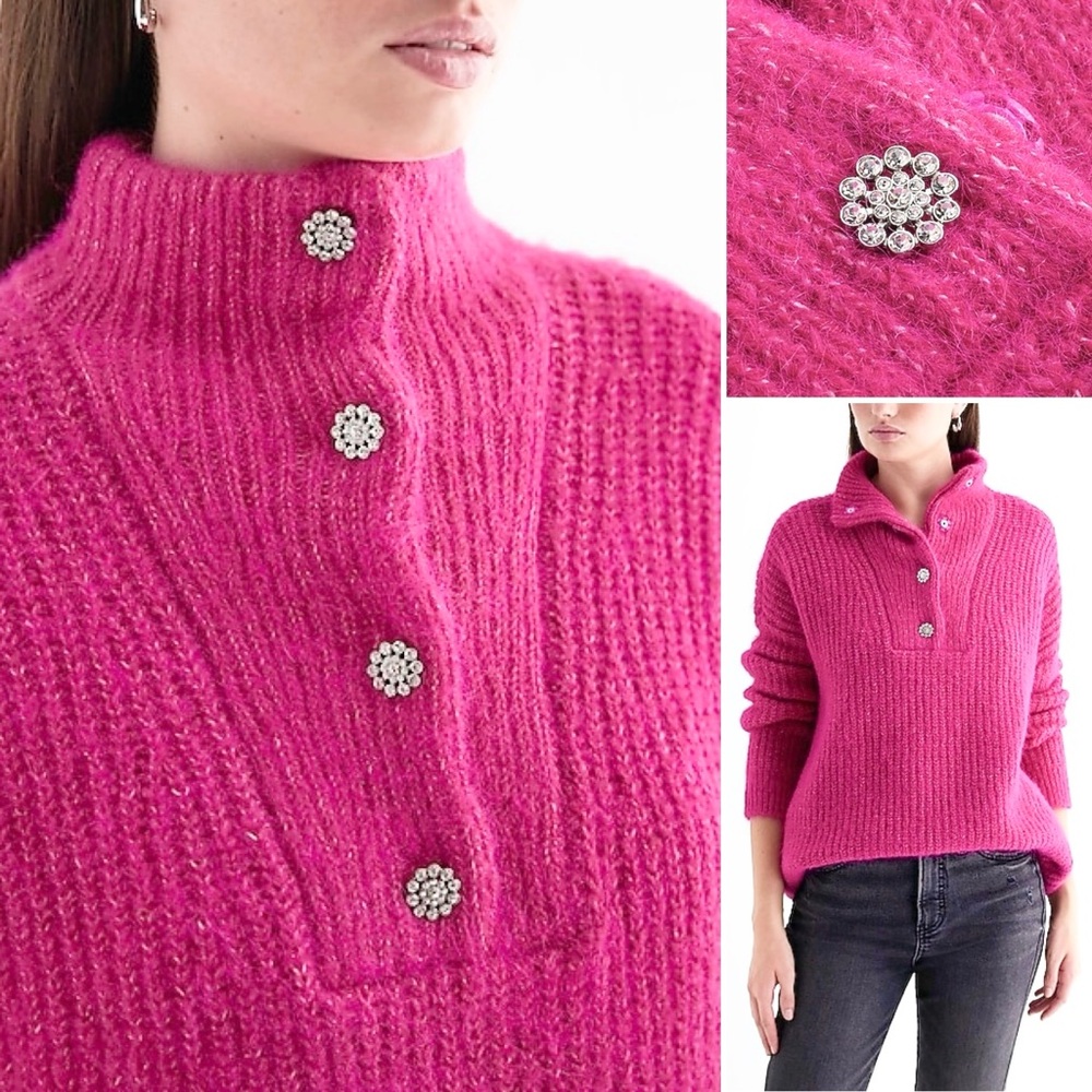 Express Fuzzy Knit Quarter Snap Sweater Embellished Buttons Mock Neck - Picture 2 of 13